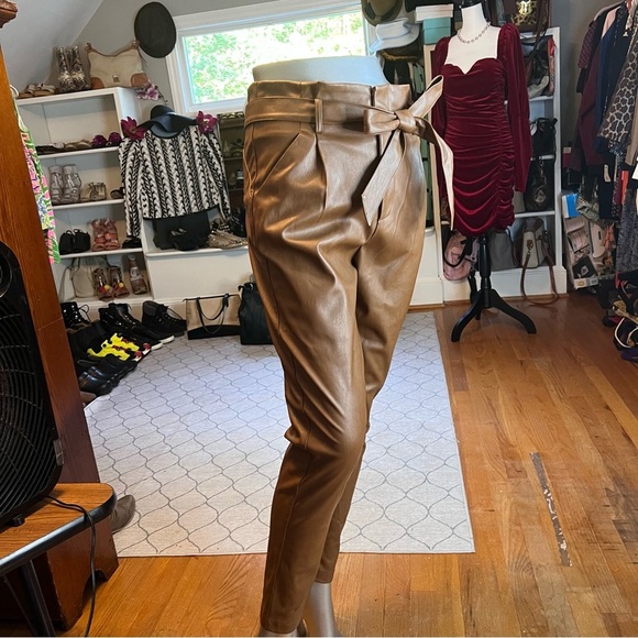 Lucy Paris Womens Faux Leather Paperbag-Waist Pants, Cognac, S - Picture 4 of 11
